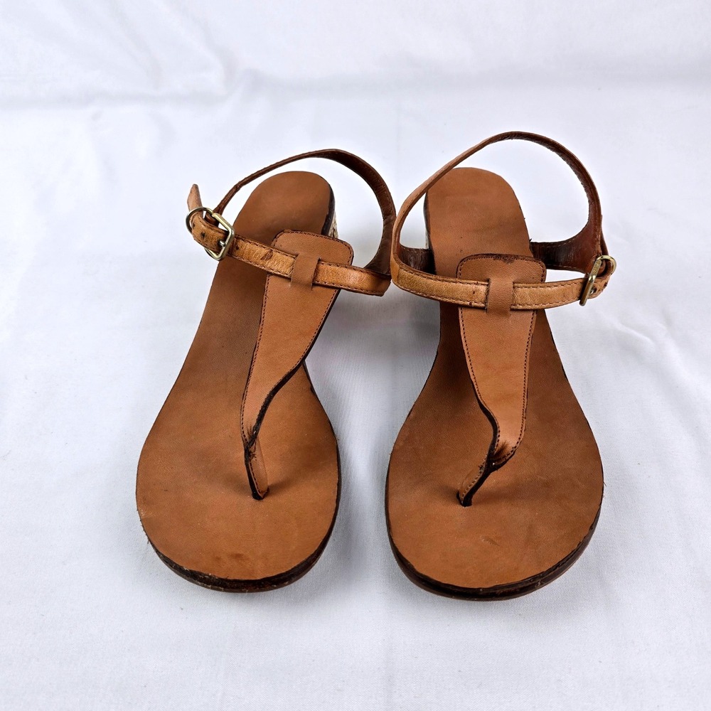 Tory Burch Audra T-Strap Block Heel Thong Sandals Women 8M Tan Leather Gold - Picture 2 of 7